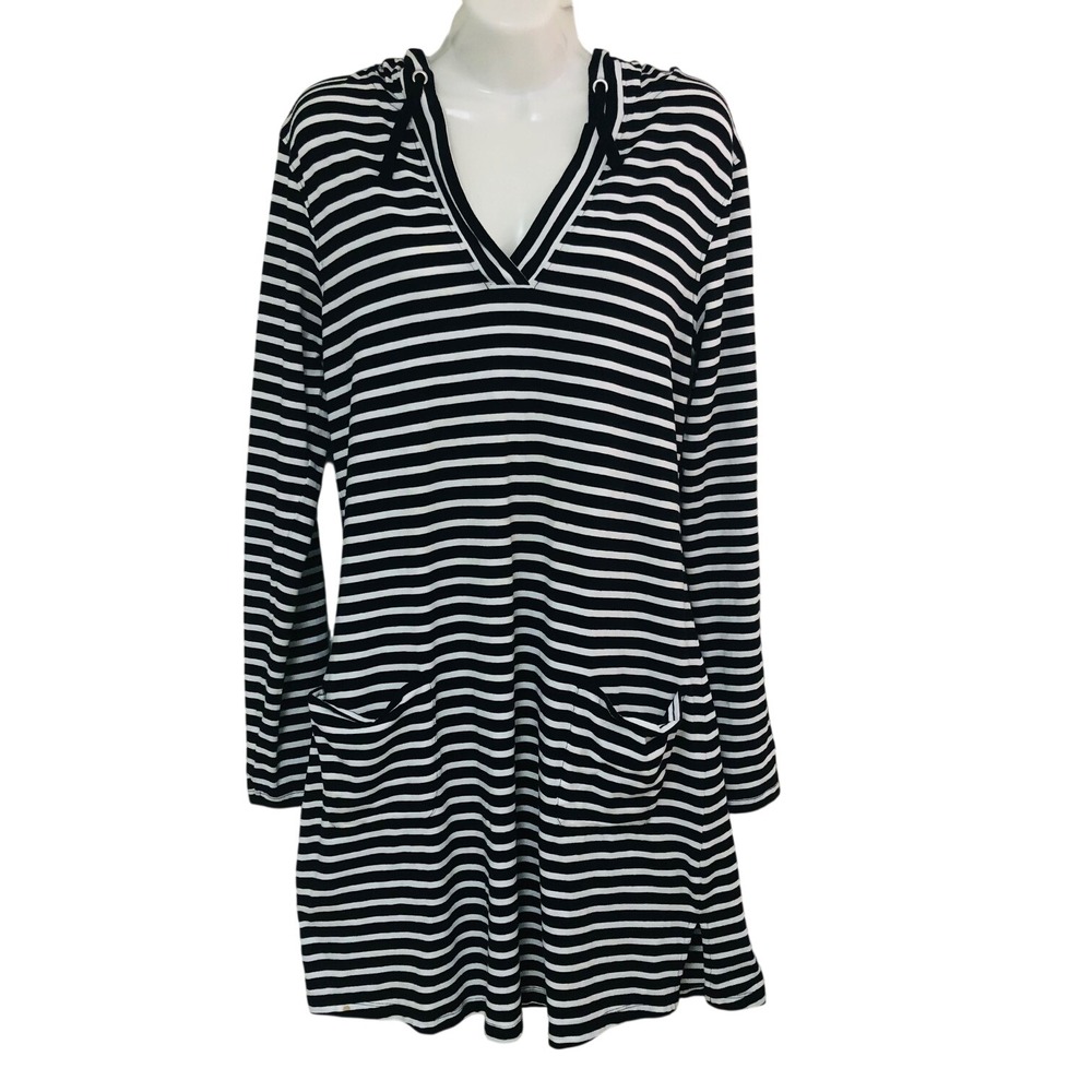 Coolibar Hoodie Dress Womens S UPF Bamboo Black Stripe Nautical Beacht Cover Up - Picture 1 of 9